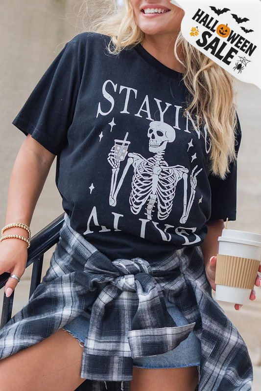 Badged - “Stayin’ Alive” Skeleton Graphic Tee (Halloween T-Shirt)