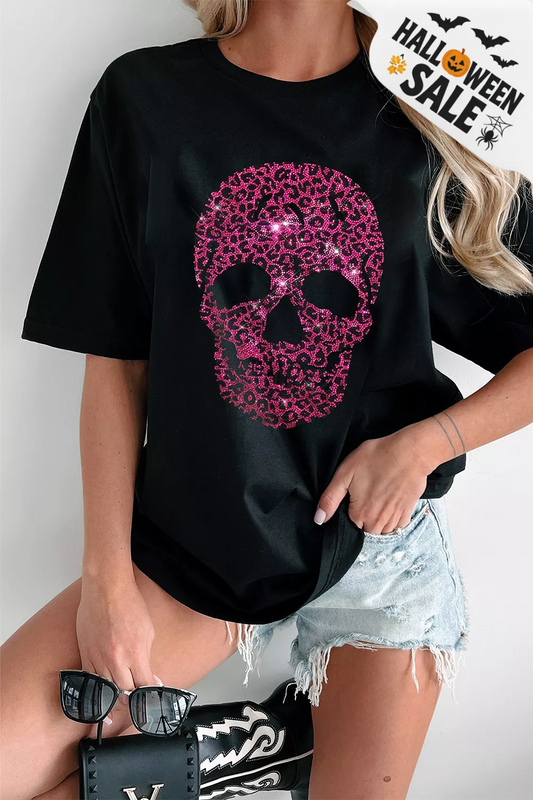 Badged - Pink Leopard Rhinestone Skull Graphic Tee (Black T-Shirt)