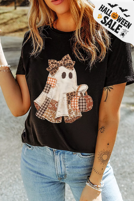 Badged - Patchwork Ghost Pumpkin Graphic Tee (Women’s Halloween T-Shirt)