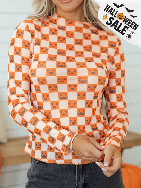 Badged - Pumpkin Checkered Mesh Top (Long Sleeve Halloween Layering Tee)