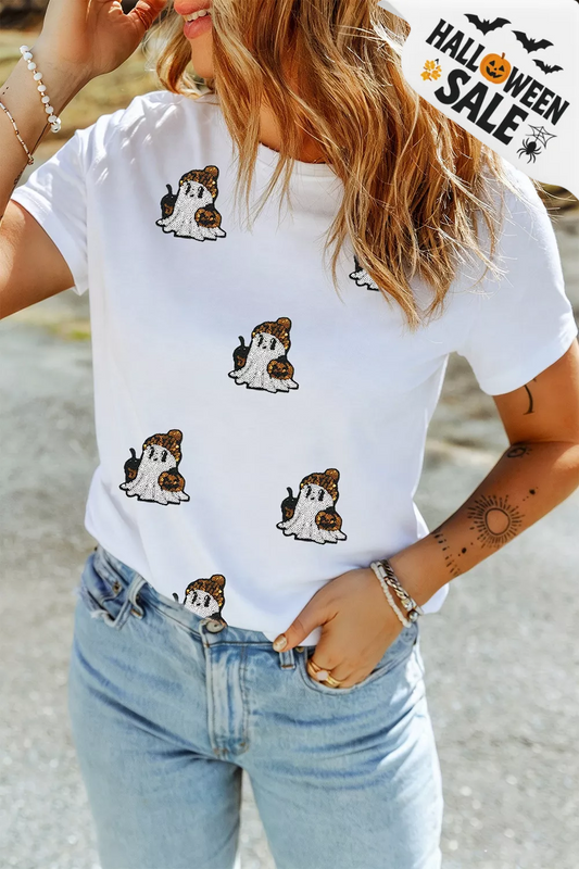 Badged - Sequin Ghost Halloween Graphic Tee (Women’s T-Shirt)