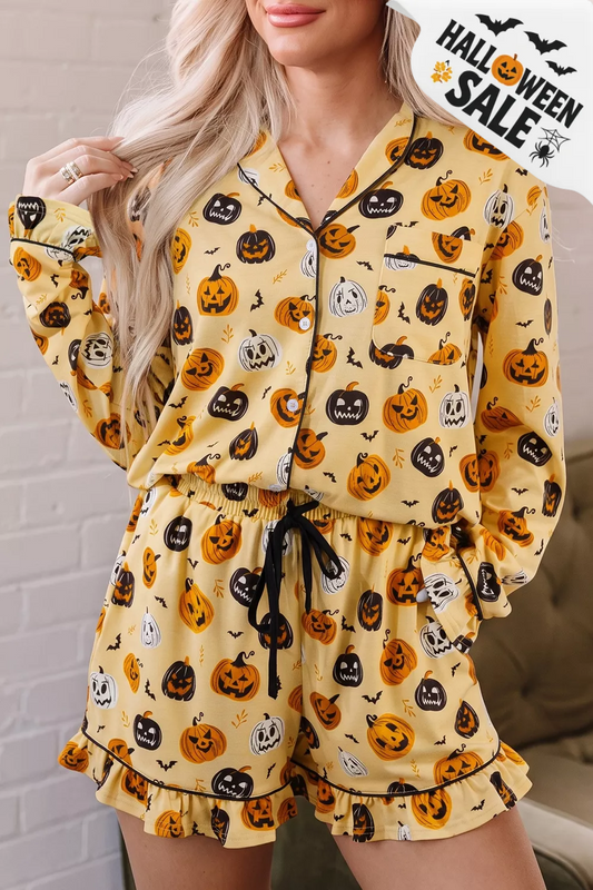 Badged - Halloween Pumpkin Print Long Sleeve Two Piece Lounge Set