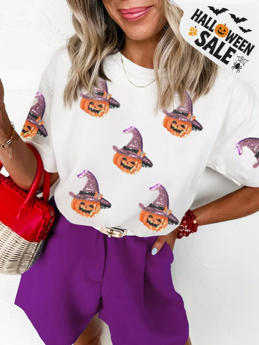 Badged - Sequin Witch Hat Pumpkin Graphic Tee (Halloween T-Shirt)