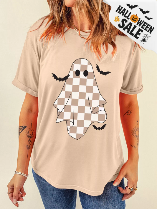 Badged - Checkered Ghost Halloween Graphic Tee (Women’s T-Shirt)