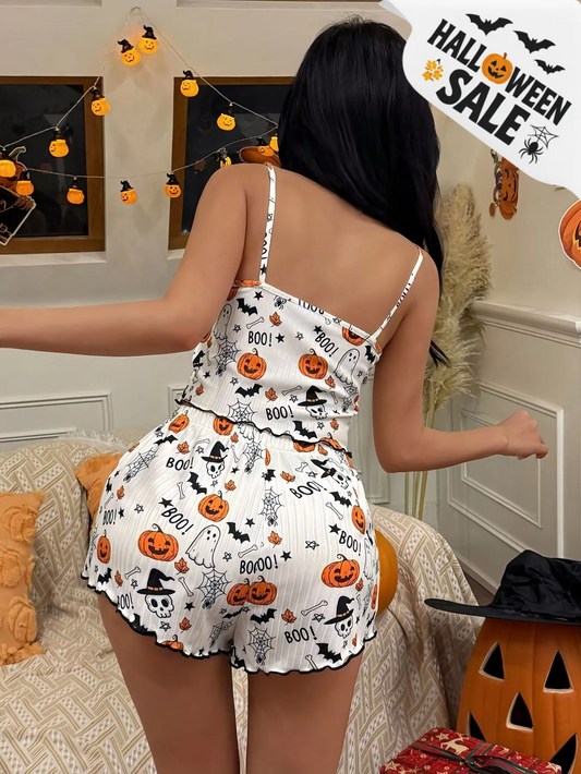 Badged - Pumpkin Print Ribbed Pajama Short Set (Cami Tank + Shorts | Apricot/White)