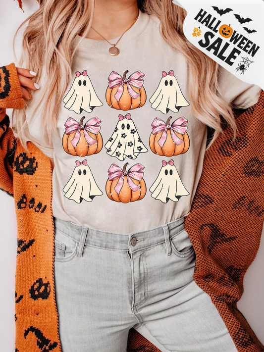 Badged - Bows + Ghosts + Pumpkins Halloween Graphic Tee (Tan or Black)