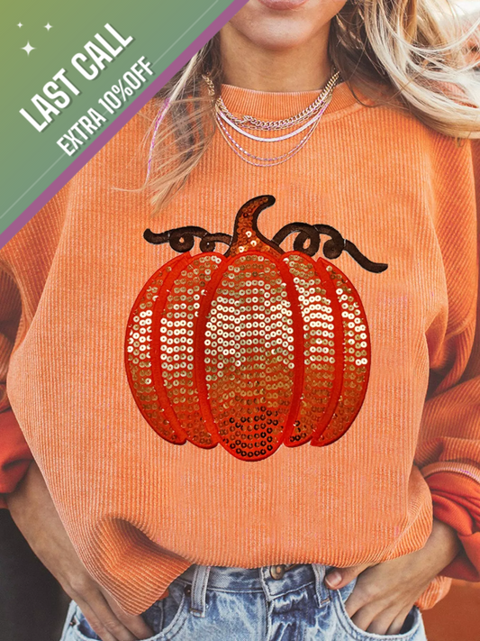 Badged - Sequin Pumpkin Sweatshirt – Fall Graphic Corded Pullover