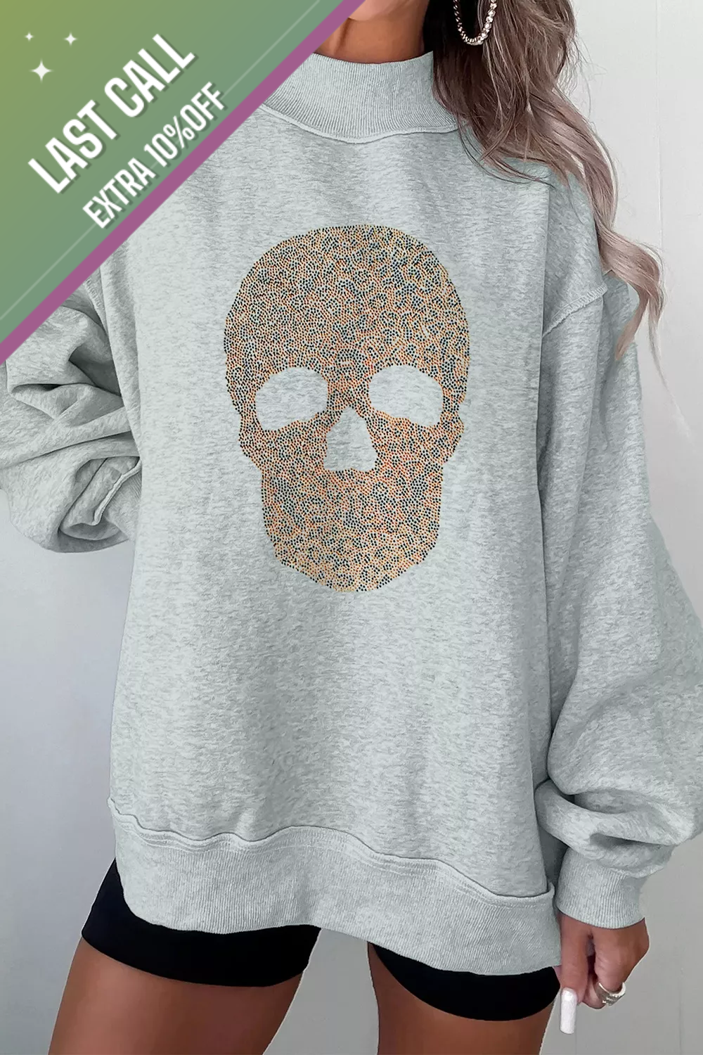 Badged - Gray Rhinestone Skull Graphic Sweatshirt