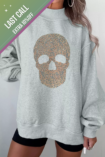 Badged - Gray Rhinestone Skull Graphic Sweatshirt