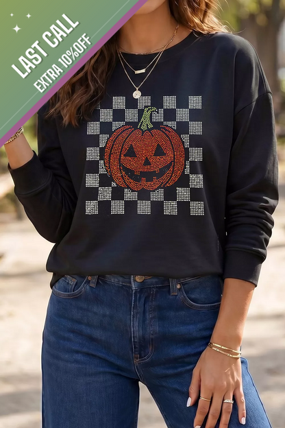 Badged - Black Rhinestone Pumpkin Checkered Sweatshirt