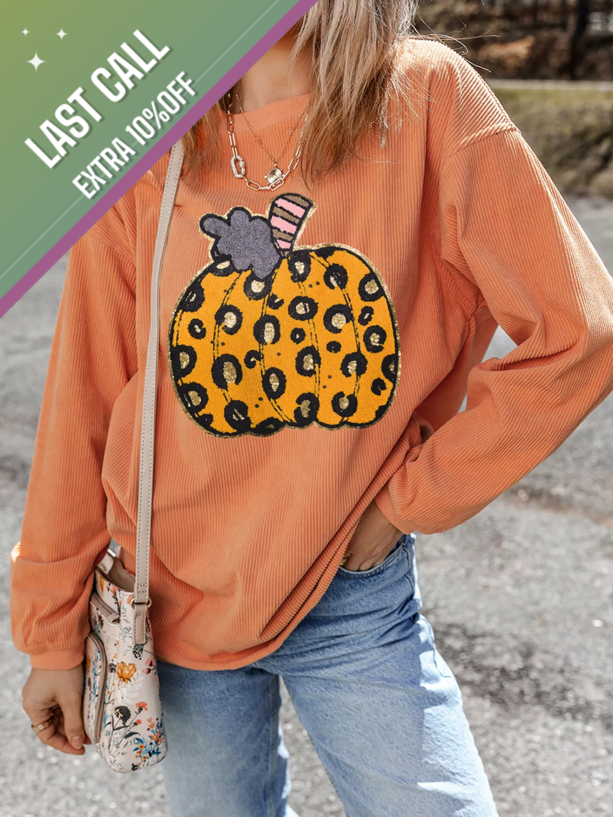 Badged - Leopard Pumpkin Ribbed Sweatshirt (Fall Graphic Pullover)