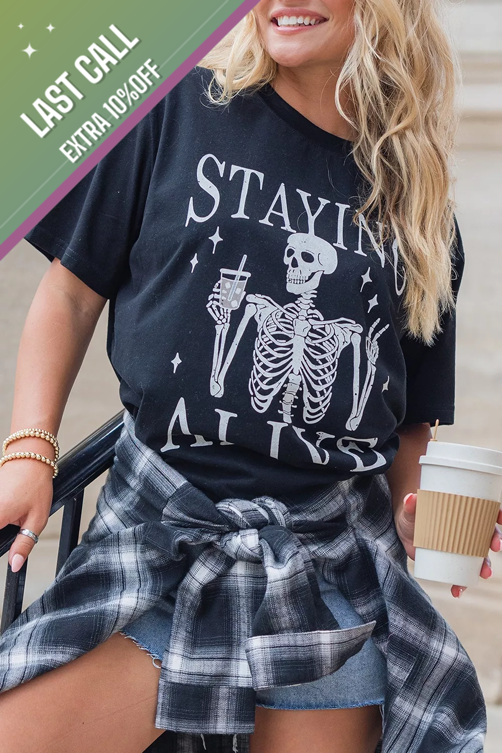Badged - “Stayin’ Alive” Skeleton Graphic Tee (Halloween T-Shirt)