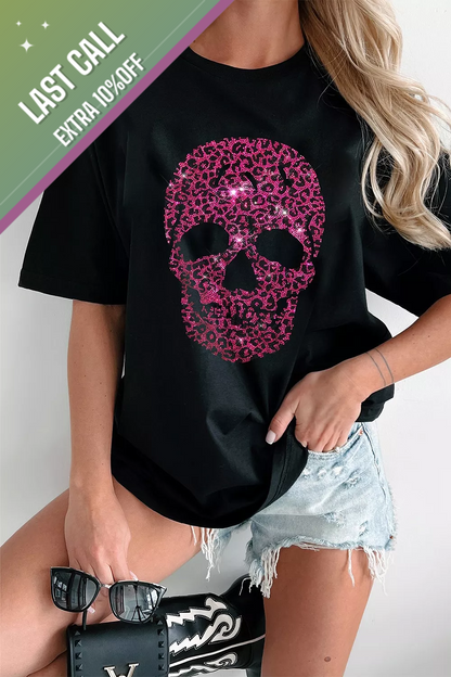Badged - Pink Leopard Rhinestone Skull Graphic Tee (Black T-Shirt)