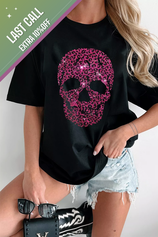 Badged - Pink Leopard Rhinestone Skull Graphic Tee (Black T-Shirt)