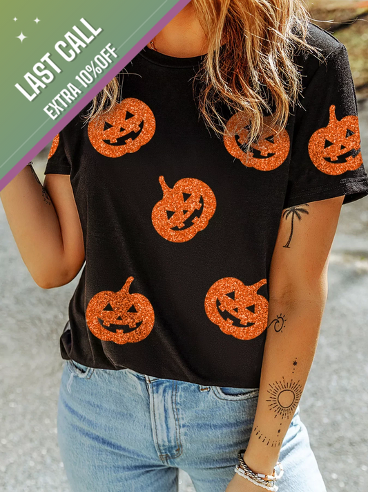 Badged - Glitter Pumpkin Halloween Graphic Tee (Women’s T-Shirt)