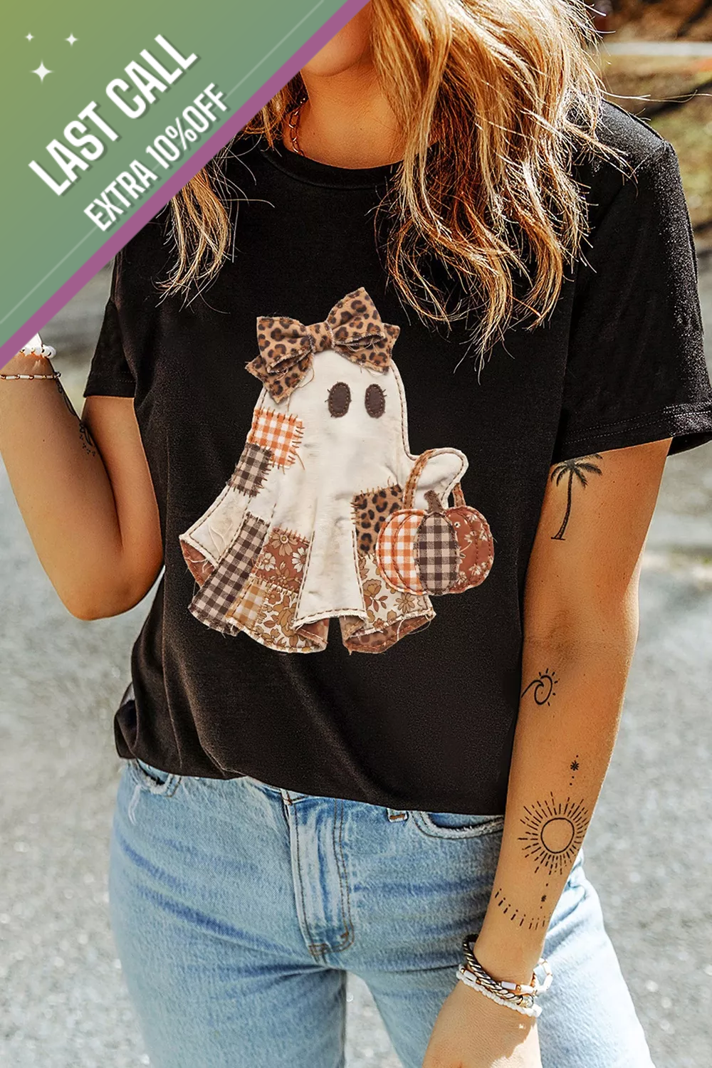 Badged - Patchwork Ghost Pumpkin Graphic Tee (Women’s Halloween T-Shirt)