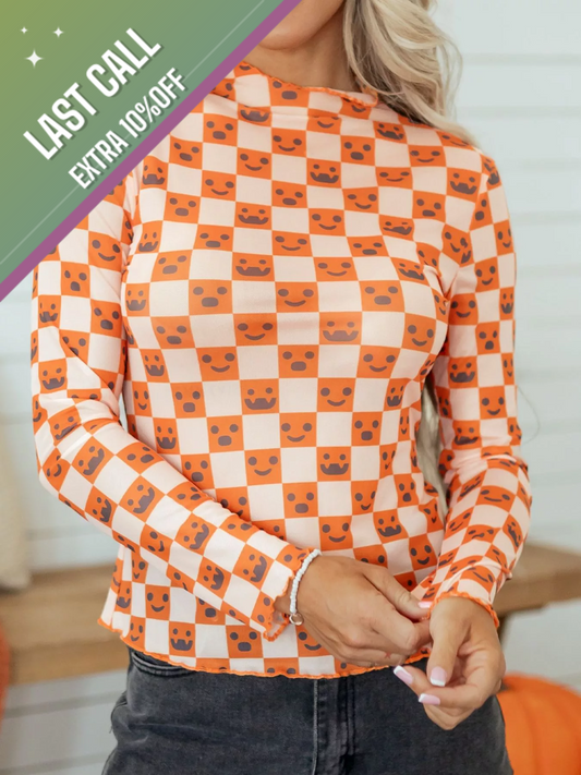 Badged - Pumpkin Checkered Mesh Top (Long Sleeve Halloween Layering Tee)