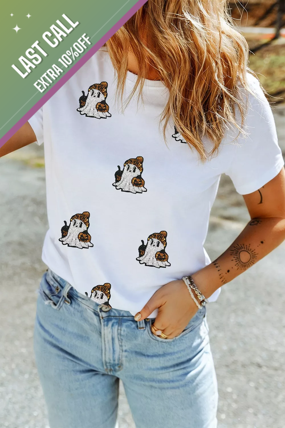Badged - Sequin Ghost Halloween Graphic Tee (Women’s T-Shirt)