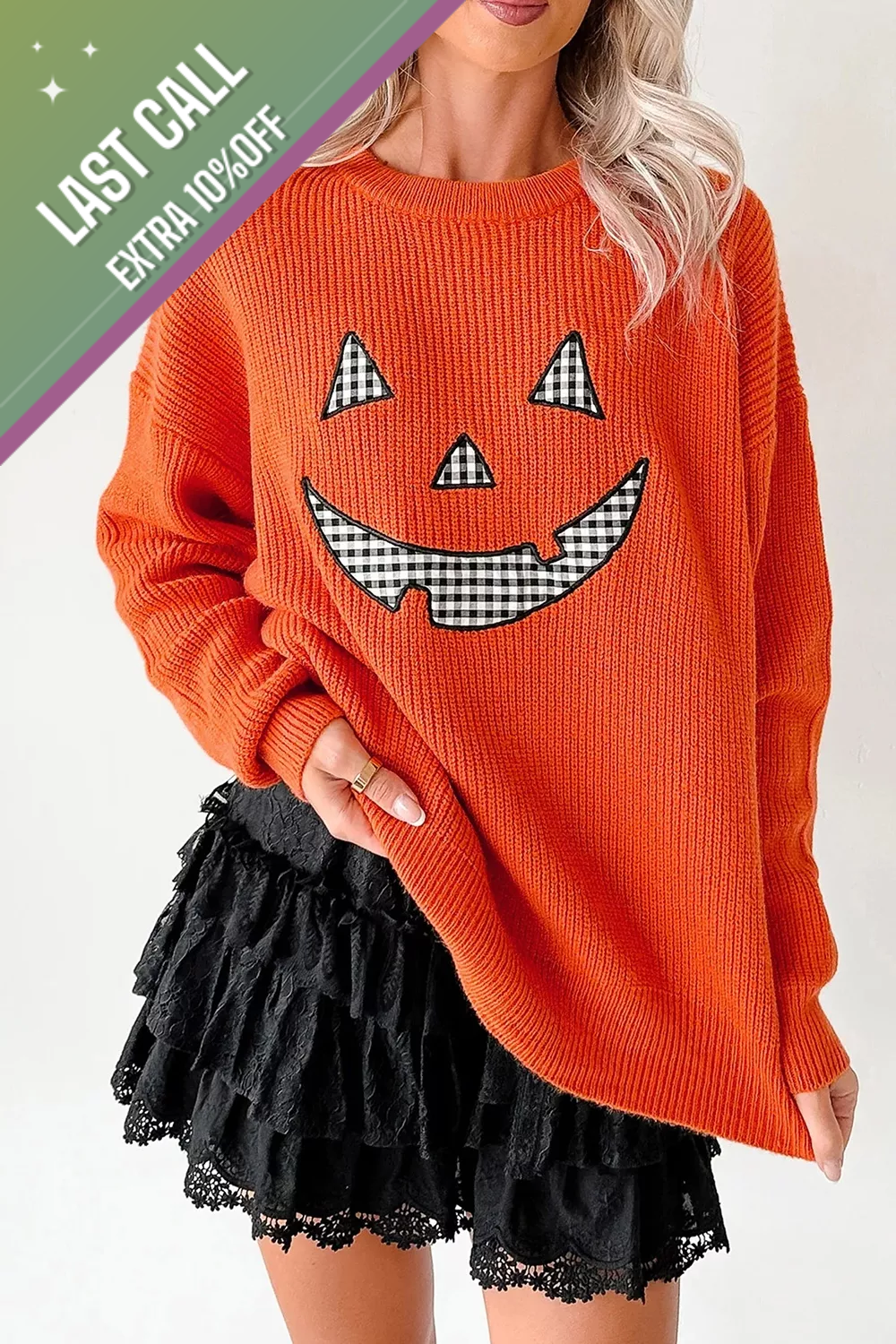 Badged - Gingham Jack-O’-Lantern Knit Sweater (Oversized Halloween Pullover)
