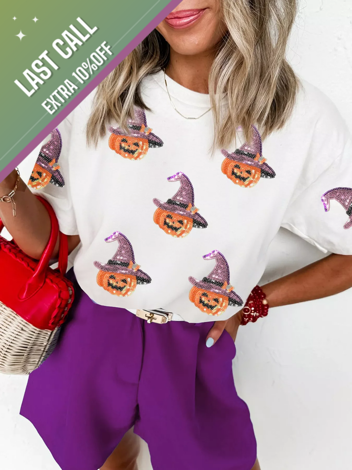 Badged - Sequin Witch Hat Pumpkin Graphic Tee (Halloween T-Shirt)