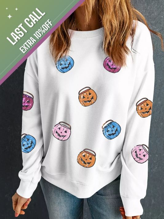 Badged - Sequin Pumpkin Candy Bucket Sweatshirt (Pastel Halloween Crewneck)