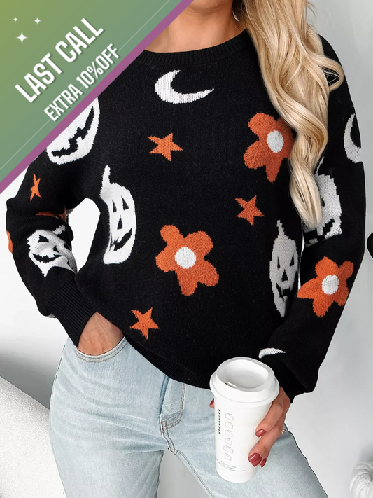 Badged - Pumpkin & Floral Halloween Knit Sweater (Moon + Stars)