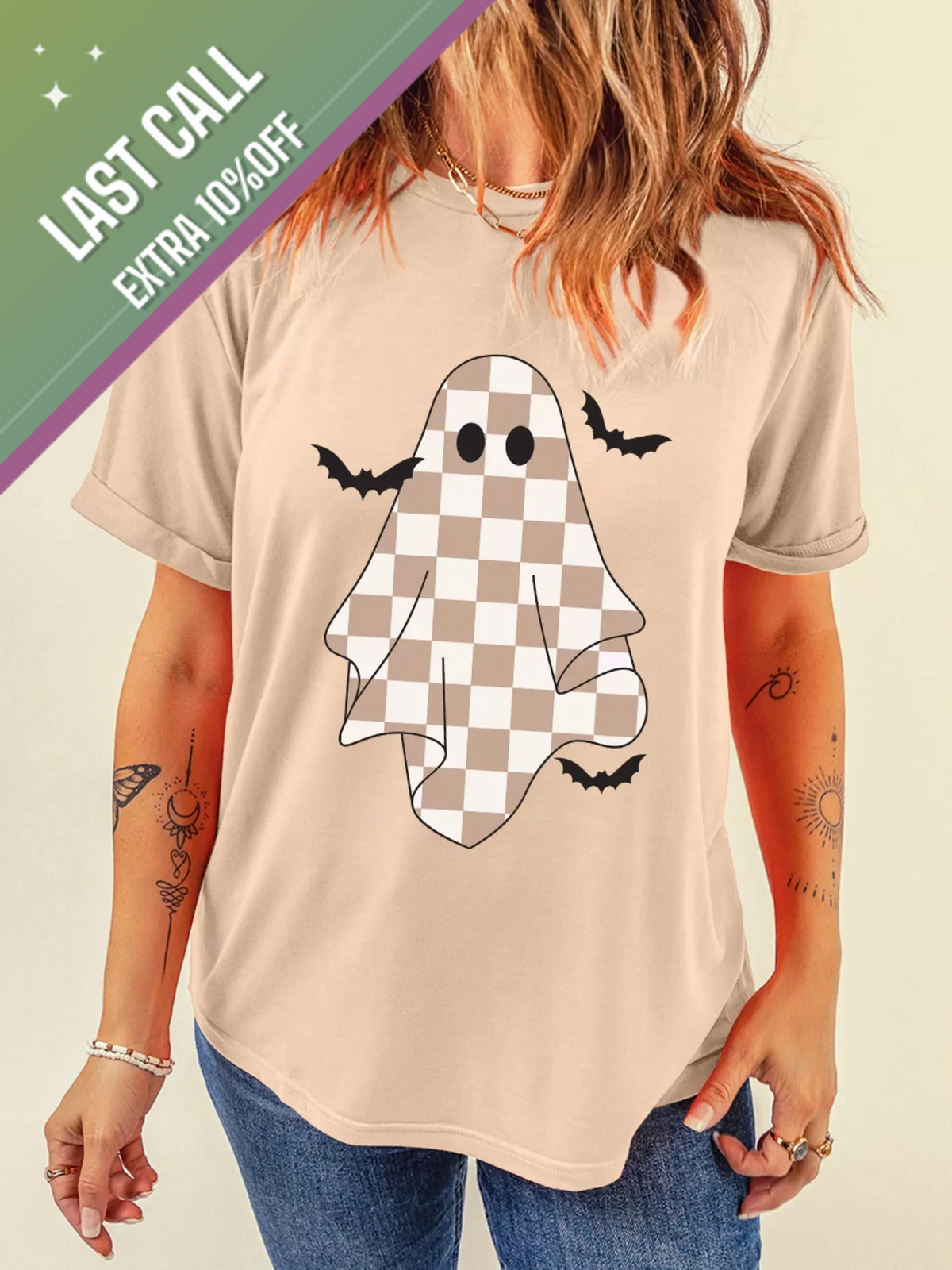 Badged - Checkered Ghost Halloween Graphic Tee (Women’s T-Shirt)