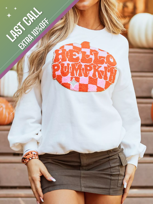 Badged - “Hello Pumpkin” Checkered Patch Sweatshirt (Fall Crewneck)