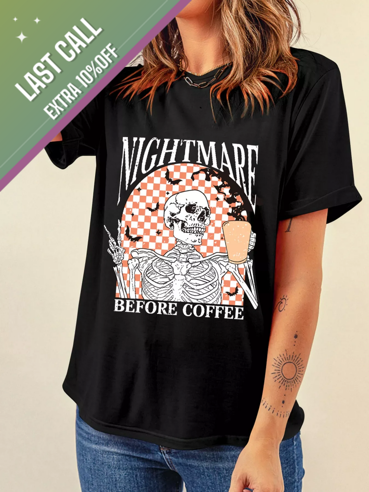 Badged - “Nightmare Before Coffee” Skeleton Graphic Tee (Halloween T-Shirt)