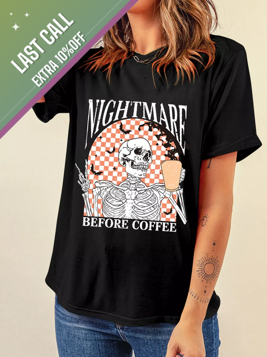Badged - “Nightmare Before Coffee” Skeleton Graphic Tee (Halloween T-Shirt)