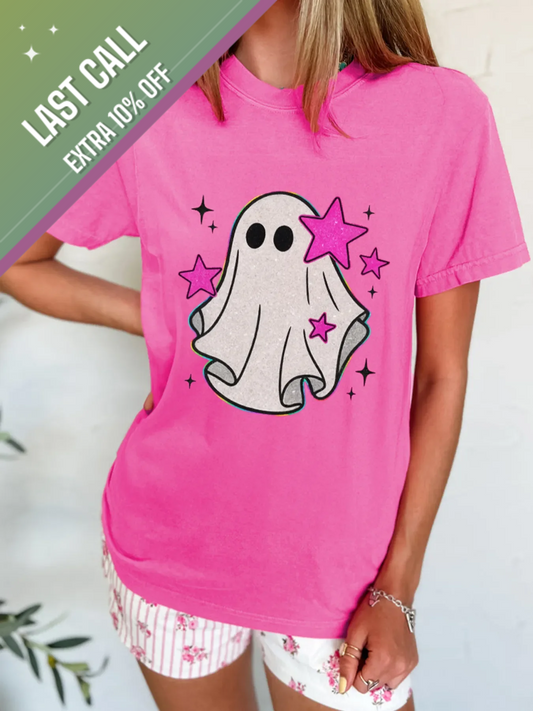Badged - Sparkly Ghost & Stars Halloween Graphic Tee (Women’s T-Shirt)