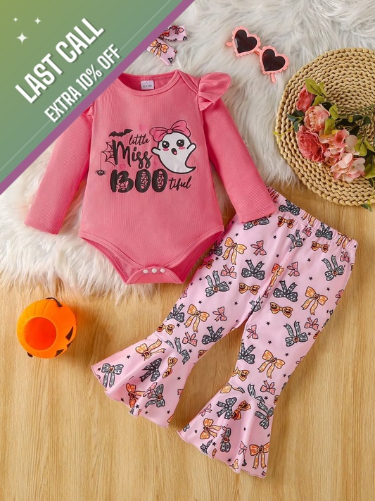 Badged - Mini Jetsetter “Little Miss Boo Thang” 3-Piece Set (Bodysuit + Bell Bottoms + Bow, Multiple Colors)