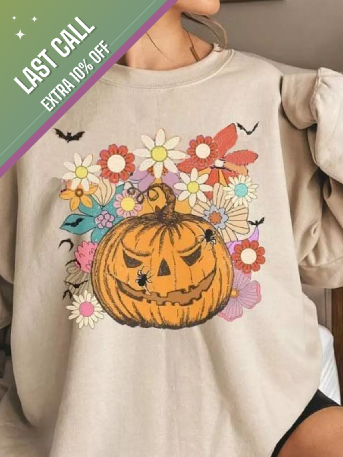 Badged - Floral Pumpkin Halloween Graphic Sweatshirt (Multiple Designs | Tan/White/Beige)