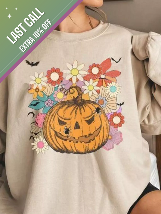 Badged - Floral Pumpkin Halloween Graphic Sweatshirt (Multiple Designs | Tan/White/Beige)