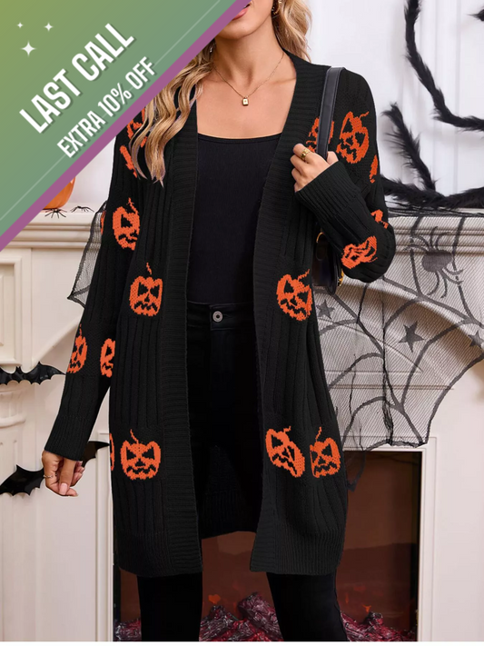 Badged - Jack-O’-Lantern Knit Cardigan (Open Front, Multiple Colors)
