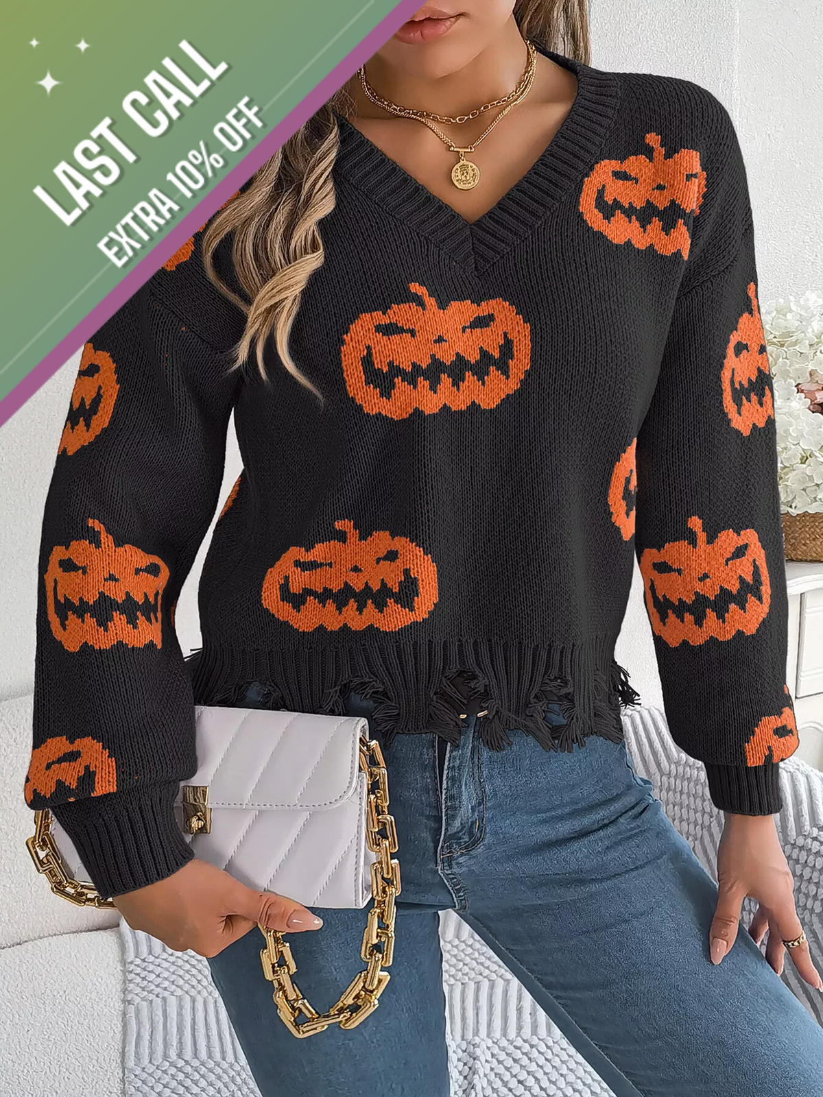 Badged - Distressed Pumpkin V-Neck Sweater (Halloween Knit | Black/Gray/Orange)