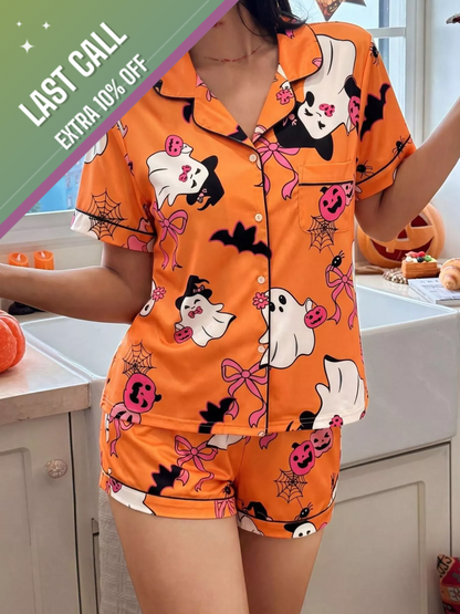 Badged - Ghost & Pumpkin Halloween Pajama Short Set (Button-Up Top + Shorts)