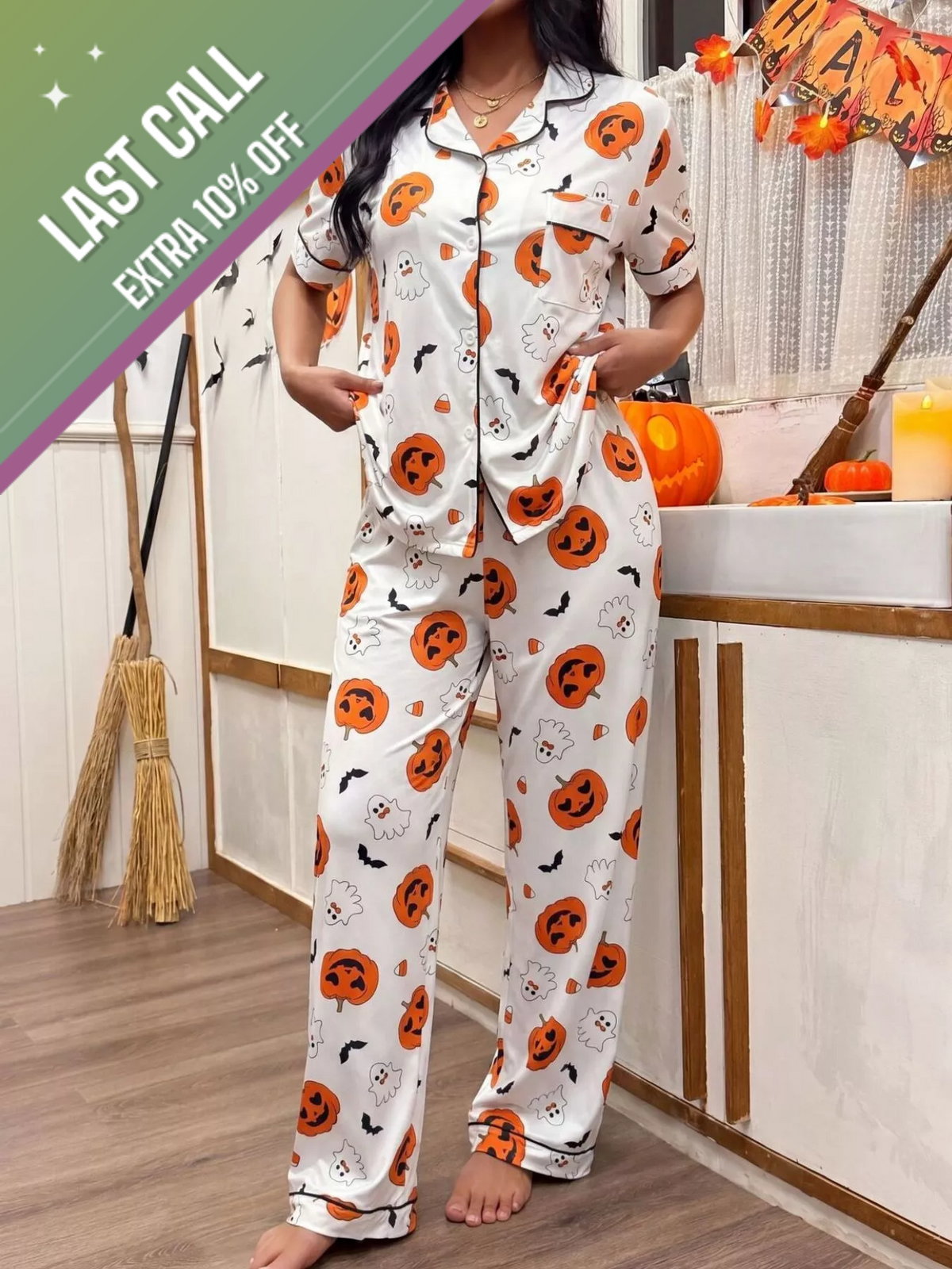Badged - Halloween Pumpkin Ghost Pajama Set (Button-Up Top + Pants | White/Orange/Purple)