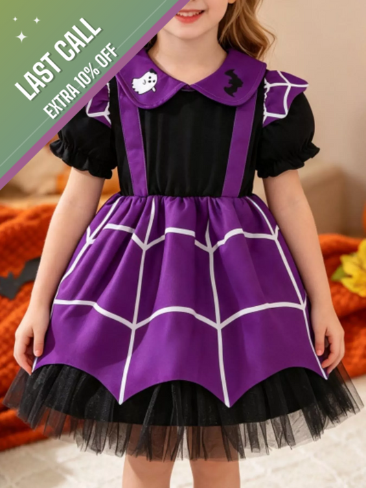 Badged - Children's Halloween Spiderweb Print Peter Pan Collar Dress