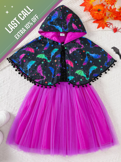 Badged - Mini Jetsetter Bat Cape + Tulle Skirt Halloween Costume Set (Hooded Poncho)