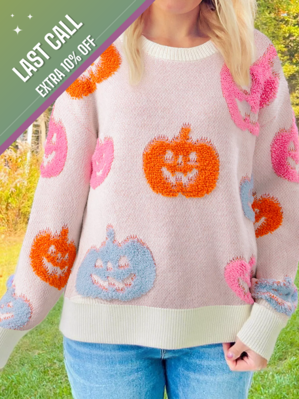 Badged - Pastel Pumpkin Fuzzy Knit Sweater (Halloween Crewneck)