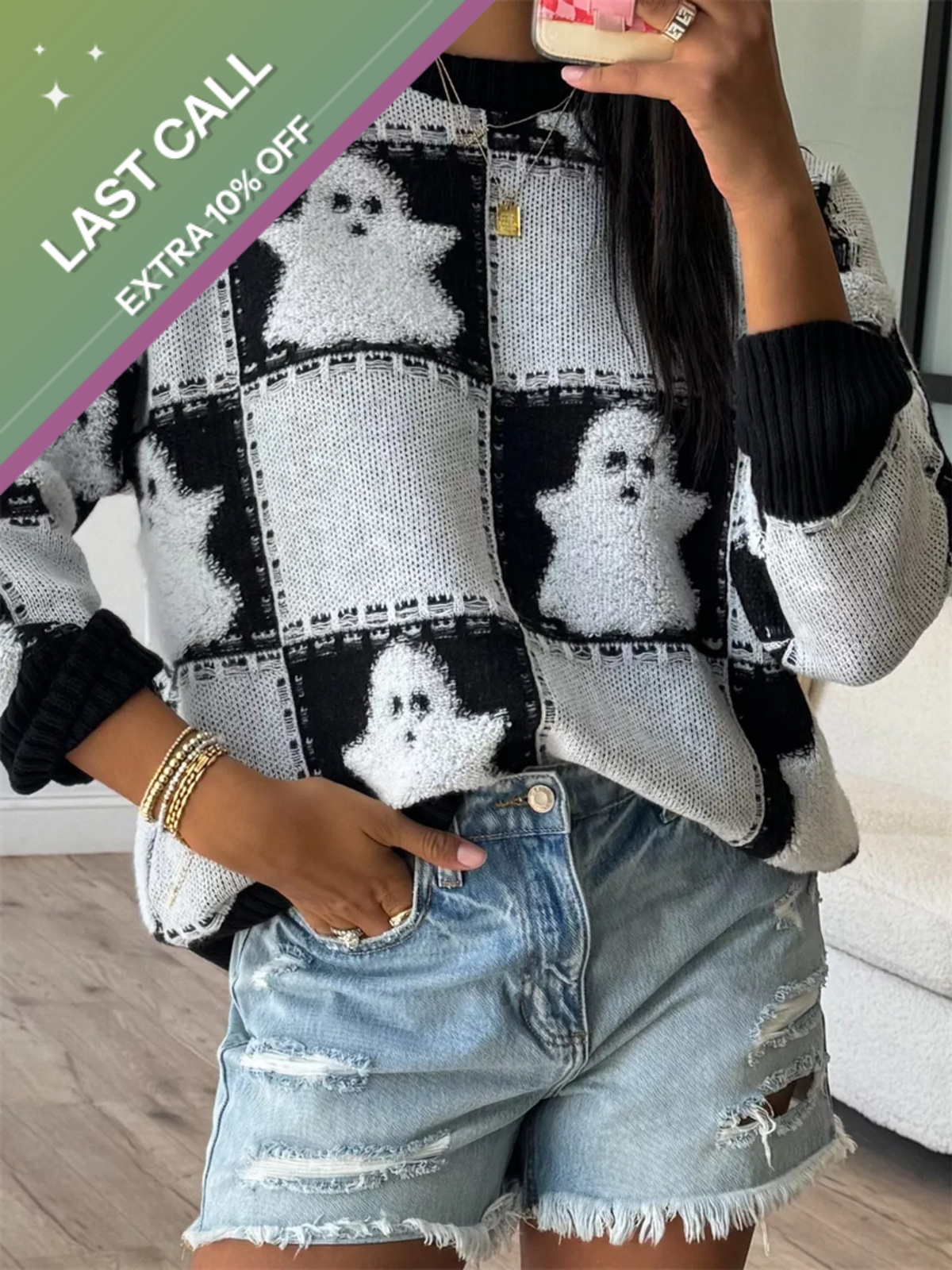 Badged - Ghost Checkered Knit Sweater (Black + White Halloween Pullover)