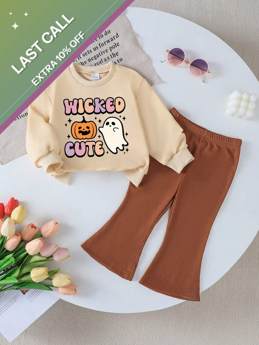 Badged - Mini Jetsetter “Wicked Cute” 2-Piece Set (Sweatshirt + Ribbed Bell Bottoms)