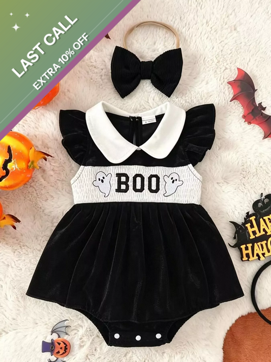 Badged - Mini Jetsetter “Boo” Velvet Romper Dress Set (Collar + Headband Bow)