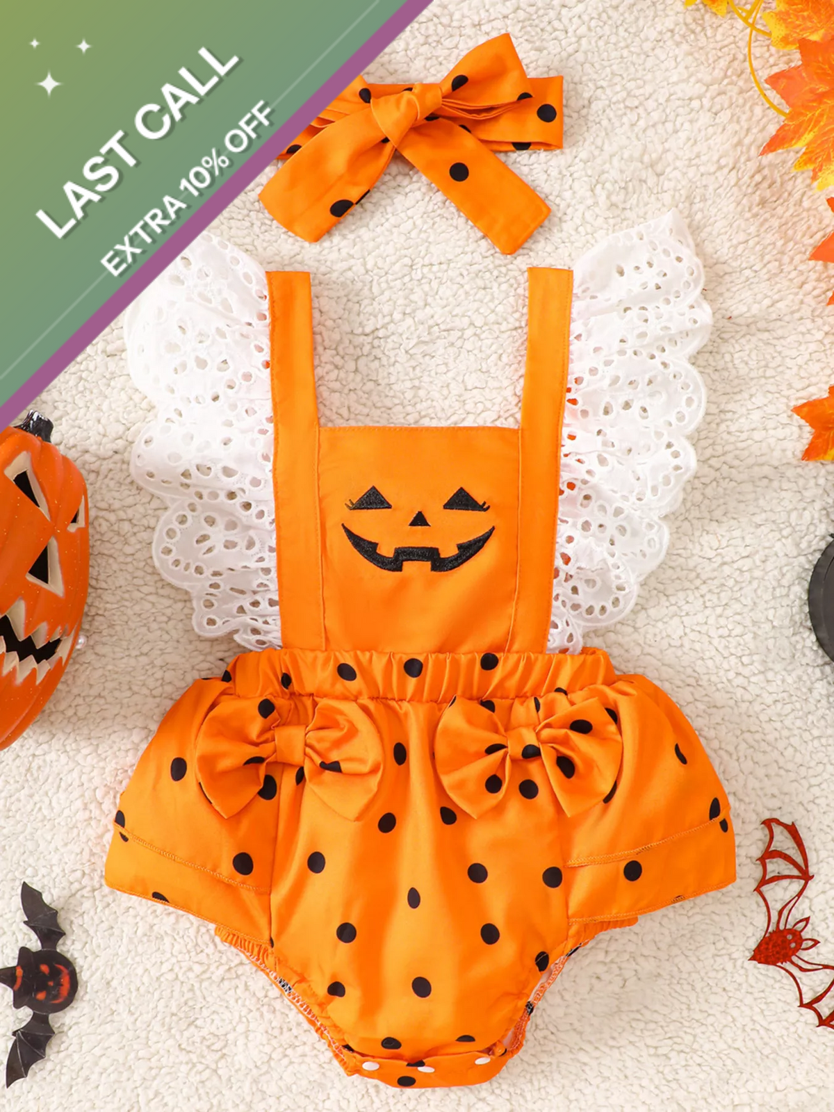 Badged - Mini Jetsetter Pumpkin Polka Dot Romper Set (Ruffle Sleeves + Headband)