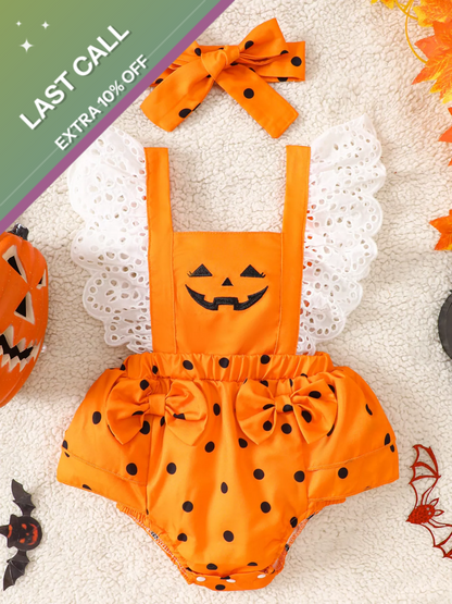 Badged - Mini Jetsetter Pumpkin Polka Dot Romper Set (Ruffle Sleeves + Headband)