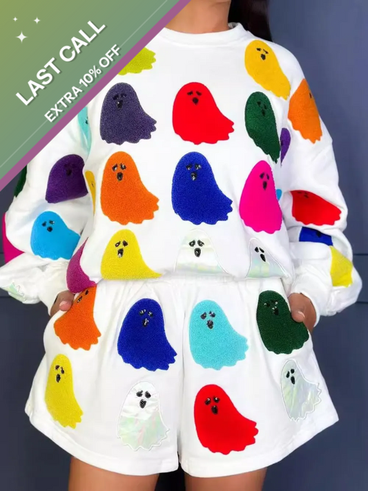 Badged - Colorful Ghost Halloween Lounge Set (Sweatshirt + Shorts)