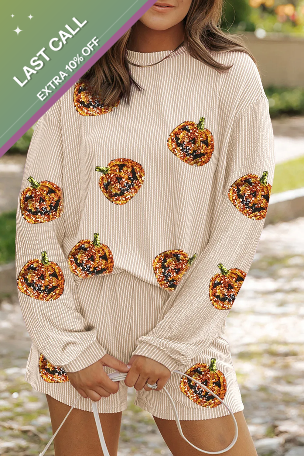 Badged - Sequin Pumpkin Lounge Set (Ribbed Long Sleeve Top + Shorts)
