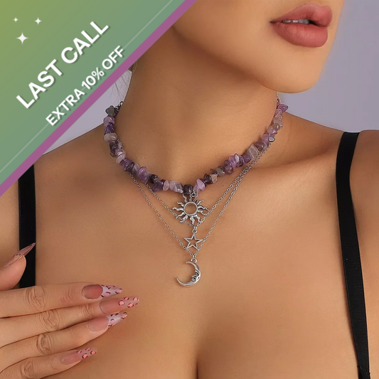 Badged - Purple Crystal Beaded Layered Necklace (Sun, Star & Moon Charms)