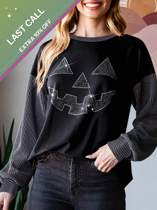 Badged - Halloween Rhinestone Pumpkin Face Contrast Ribbed Long Sleeve Patchwork Top